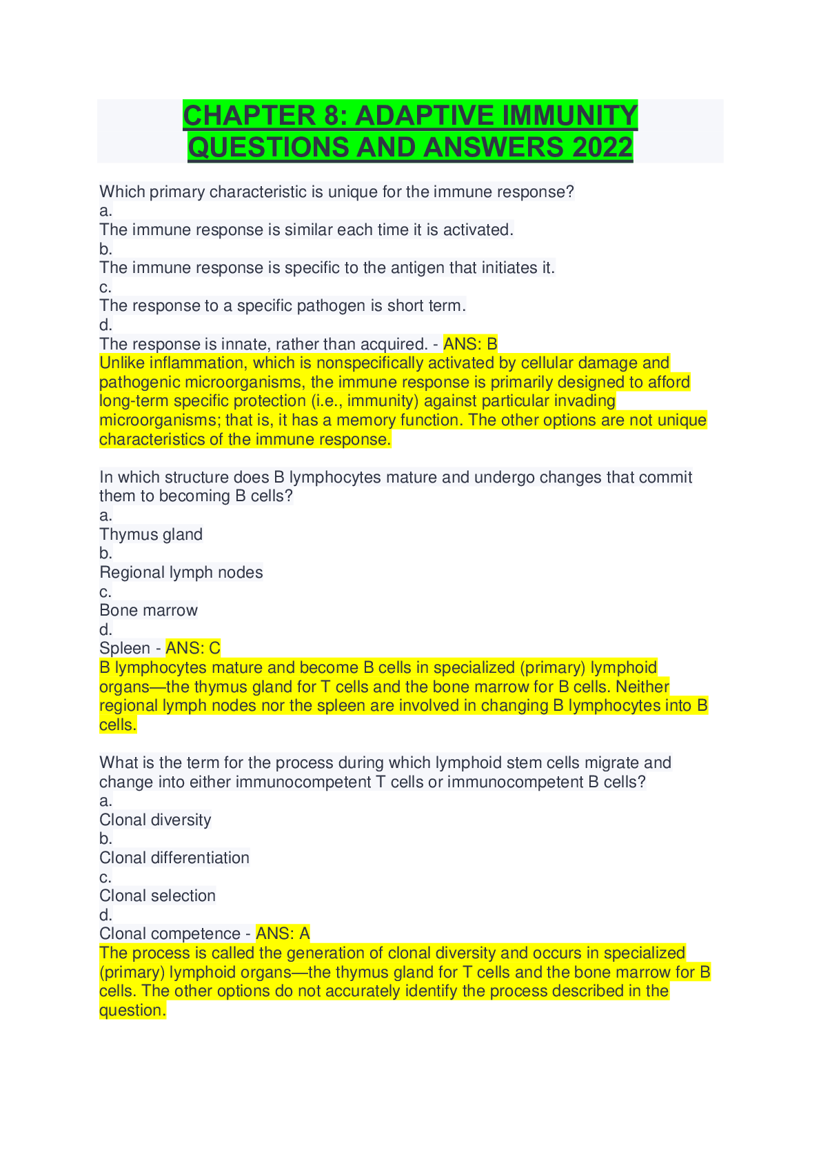 Preview image of CHAPTER 8: ADAPTIVE IMMUNITY  QUESTIONS AND ANSWERS 2022 document